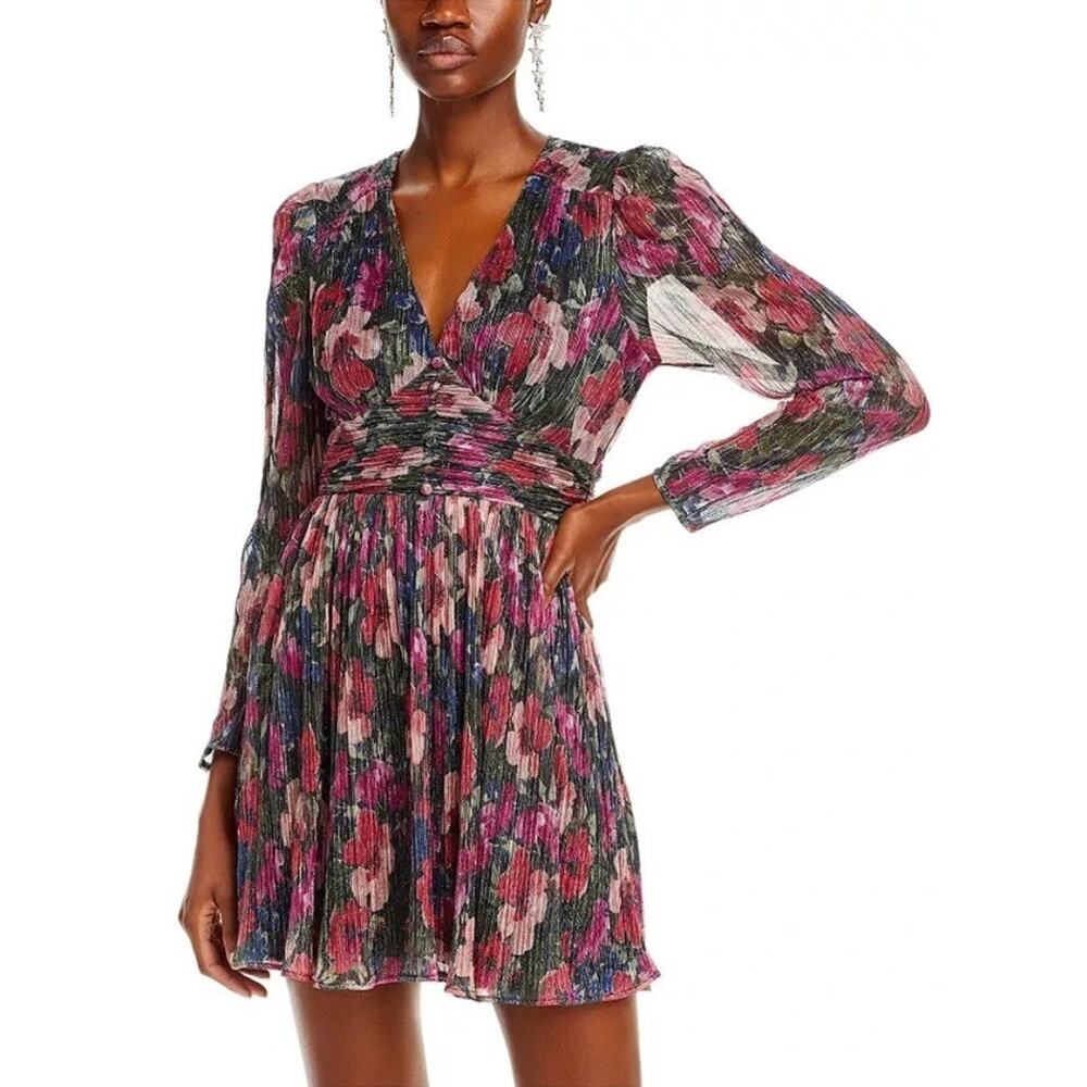 Aqua Floral Metallic Pleated V-Neck Cocktail Party Mini Dress Long Sleeves M